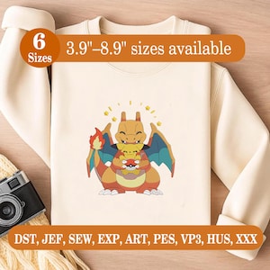May include: Cream-colored sweatshirt featuring a cartoon illustration of a Charizard embracing a Pikachu. The design includes a Pokeball. Text on the image indicates sizes available from 3.9 to 8.9 inches. The sweatshirt has a crew neck.