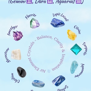 May include: A light blue poster featuring the words "Air Element" and the zodiac signs for Gemini, Libra, and Aquarius. The poster displays various crystals, including amethyst, fluorite, and turquoise, with the words "Balance, Clarity & Inspiration."