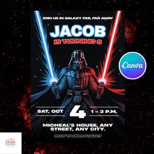May include: Birthday invitation featuring Darth Vader holding blue and red lightsabers against a starry background. The invitation reads "JACOB IS TURNING 8" and includes event details: date, time, and location.