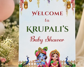 Indian Baby Shower Welcome Sign, Krishna Radha Decor (Digital Download)