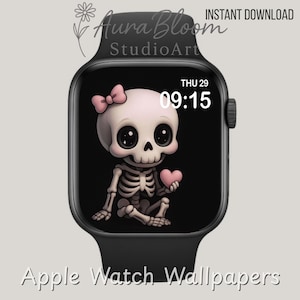 May include: Black Apple Watch displaying a digital wallpaper featuring a cute skeleton with a pink bow and heart. The watch face shows the time as 09:15 and the date as Thu 29. Text at the top reads "Instant Download" and "Aura Bloom StudioArt". The bottom text says "Apple Watch Wallpapers".