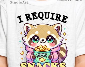 Kawaii Raccoon 'I Require Snacks' PNG: Funny Animal Lover Digital Download