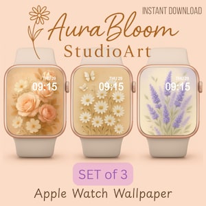 Set di 3 sfondi floreali per Apple Watch, quadranti, sfondi, zodiaco, boho, fiori, neutro, donne, rosa, margherita, lavanda, estate, digitale