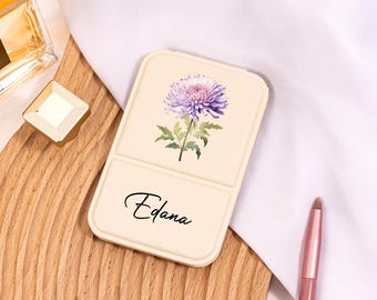 Personalized Square Makeup Mirror, Bachelorette Party Gift, Leather Foldable Mirror, Mirror With Name And Birth Flower, Bridesmaid Gift