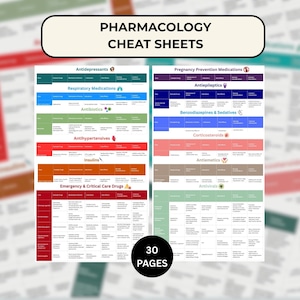 Puede incluir: Un conjunto de hojas de trucos de farmacología con el título "Pharmacology Cheat Sheets". Las hojas están organizadas por tipo de medicamento, incluidos antidepresivos, antibióticos y medicamentos de emergencia. La imagen muestra 30 páginas.