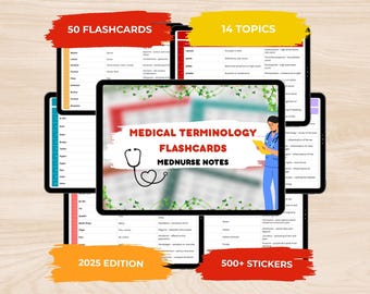 May include: Digital medical terminology flashcards with 50 flashcards and 14 topics. The central image displays "Medical Terminology Flashcards Mednurse Notes" with a stethoscope graphic and a nurse illustration. Includes "2025 Edition" and "500+ Stickers" text.