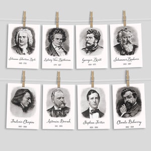 Music Study | Composer Printable Cards | Music Teacher Resource | Homeschool | Bach, Mozart, Tchaikovskiy | Music Flash Cards