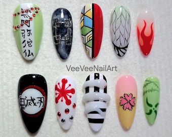 The Hashira Inspired Press On Nail / Anime Inspired Press On Nails | Hand Painted Graphic Nail Art | Handmade Cartoon Nail Set