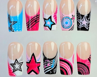 Y2K Pop Star Press On Nails | Pink Blue Star Nails | Retro Cartoon Nail Set | Kawaii 3D Nails | Handmade Reusable Nails