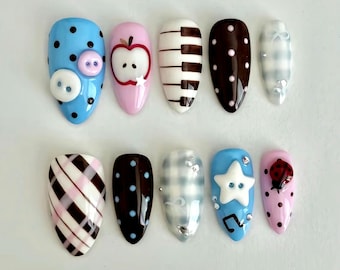 Cute Kawaii Press On Nails | Chocolate & Pastel Nail Art | Handmade Fun False Nails | Music Nails