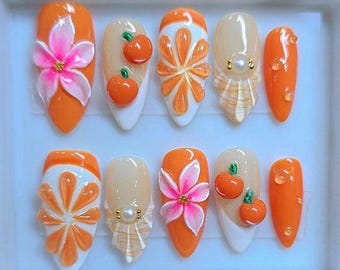 3D Flower Orange Press On Nails, Handmade Summer Nail Set