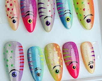 Colorful Fish Cat Eye Press On Nails: Handmade Acrylic Gel
