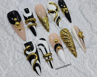 3D Chrom Gold Drücken Sie auf die Nägel | Schwarzes, handgefertigtes Luxusnagelset.