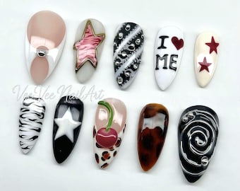 Y2K Nail Art : Chrome - Stars press on nail / Handmade Custom Nail Set