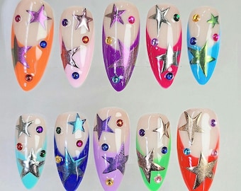 Colorful Star Press-On Nails: Handmade Nail Art /Colorful Chrome Nail Set.