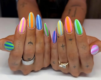 Pastel Rainbow Stripe Press On Nails | Colorful Candy Nails | Neon Stripe Nail Set | Summer Festival Nails |