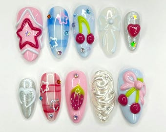 Cute Pastel 3D Press On Nails | Kawaii Star Cherry Strawberry Nail Set | Pink Blue Y2K False Nails