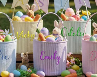Cesta de Pascua personalizada de seersucker, cubo para la búsqueda de huevos con nombre bordado para niños, cesta de Pascua para niños, bonito regalo de primavera para niños pequeños.