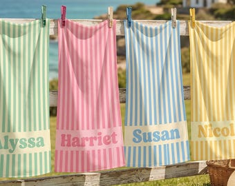 Personalisierte gestreifte Strandtuch, Groovy Retro Pool Party Handtuch, Brautjungfer Geschenk, Sommerferien Geschenk, benutzerdefinierte Handtuch für Frauen, Resort Handtuch