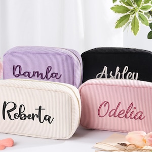 Personalized Embroidered Name Corduroy Makeup Bag, Monogram Custom Cosmetic Pouch for Bridesmaid, Bridesmaid Gift, Bachelorette Party Favor
