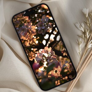 Può includere: Uno smartphone mostra un'immagine ravvicinata di fiori rosa e bianchi in fiore, illuminati dal sole. Il telefono è appoggiato su un tessuto color crema, con un rametto di fiori bianchi e due bastoncini di legno nelle vicinanze.