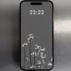 Può includere: Uno smartphone nero che mostra un'immagine in scala di grigi di rami fioriti su sfondo grigio. L'ora 22:22 è visualizzata in bianco in alto. Un cavo di ricarica bianco è collegato alla parte inferiore del telefono.