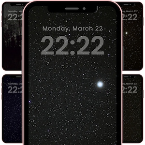 May include: A collection of smartphones displaying a starry night sky wallpaper. Each phone shows the date and time: Monday, March 22, 22:22. The screens feature a dark background with numerous white stars and a bright celestial body.