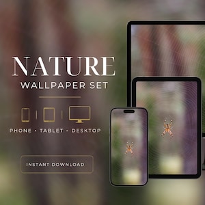 Puede incluir: Un conjunto de fondos de pantalla digitales con temática de naturaleza, que se muestra en un teléfono, una tableta y un ordenador de sobremesa. Las pantallas muestran un diseño de araña y telaraña. El texto de la imagen dice "NATURE WALLPAPER SET" y "INSTANT DOWNLOAD".