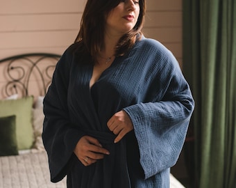 Plus Size Organic Muslin Robe: Long Boho Cotton Bathrobe with Pockets