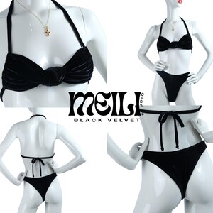 Luxe 80s Velvet Black Bikini Set - Bikini Set Handmade, High Leg Velvet Bikini, Brazilian Bikini Bottoms, Bikini for Black, Vintage Handmade