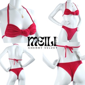 Luxe 80s Velvet Red Bikini Set - Bikini Set Handmade, High Leg Velvet Bikini, Brazilian Bikini Bottoms, Bikini for Black, Vintage Handmade