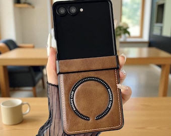 Funda magnética de piel sintética con carga inalámbrica para Galaxy Z Flip6, 5, 4 y 3