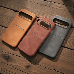 May include: Three leather phone cases in shades of orange, rose, and gray are arranged on a wooden surface. Each case has a rectangular cutout for the camera and a horizontal stitched detail. The cases are angled, showcasing their textured finish.