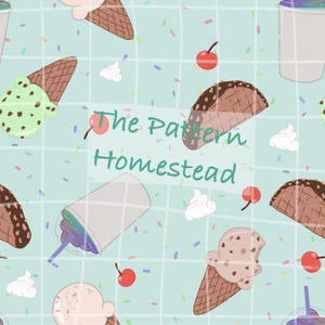 May include: A repeating pattern featuring ice cream cones, sundaes, and cherries on a light blue grid background. The text "The Pattern Homestead" is in the center. Sprinkles and whipped cream accents complete the design.