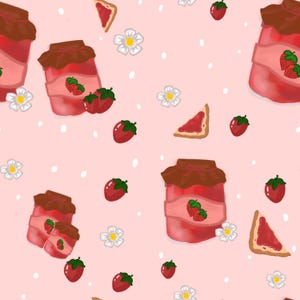 May include: A repeating pattern of strawberry jam jars, strawberries, and toast with jam on a pink background. The jam jars have brown lids and labels with strawberry illustrations. White flowers and white dots are also scattered across the background.