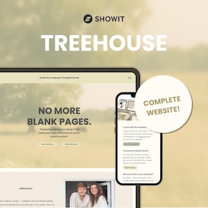 Op de afbeelding: Een digitale marketingafbeelding met een tablet en smartphone die een website-sjabloon weergeven. Het woord "TREEHOUSE" wordt prominent weergegeven, samen met het Showit-logo. Het tabletscherm leest "NO MORE BLANK PAGES."