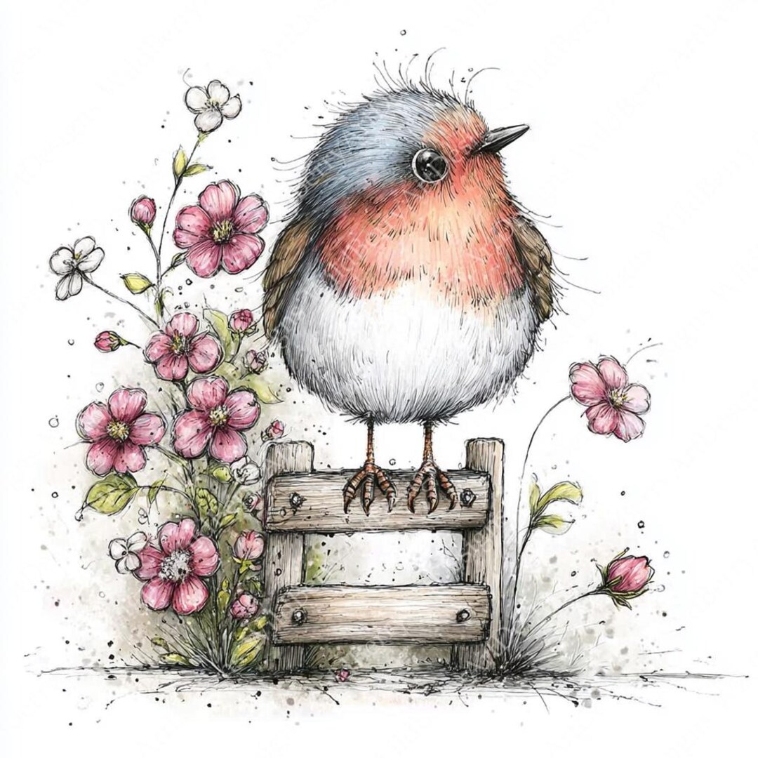 Whimsy Robin Watercolor Whimsical Robin Clipart Bundle Spring Flowers Illustrations ...