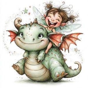 May include: A digital illustration of a smiling fairy with brown hair in pigtails riding a large, light green dragon with coral-coloured wings. The dragon has a rounded body, a curled tail, and small horns. Tiny stars surround the pair.