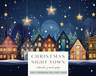 Christmas Night Town Junk Journal Digital Paper for Scrapbooking Paper Winter Background Journal Pages Printable Sky Junk Journal Kit Snow