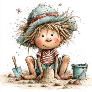 Peut inclure: Illustration à l'aquarelle d'un enfant à la plage. L'enfant porte un chapeau bleu avec une bande rouge, une chemise rayée rouge et blanche et un short bleu. Un château de sable, une pelle et un seau sont également visibles.