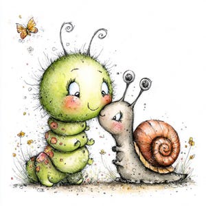 Puede incluir: Ilustración en acuarela de una oruga y un caracol amigables. La oruga es de color verde claro con un cuerpo segmentado y mejillas rosadas. El caracol tiene una concha marrón y se acurruca contra la oruga. Una mariposa y pequeñas flores están en el fondo.