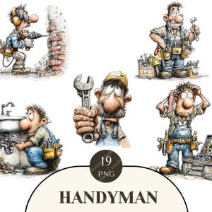 May include: A collection of cartoon illustrations depicting various handyman characters. Each character is shown in different scenarios, such as using a drill, holding a wrench, or working on plumbing. The image includes the text "HANDYMAN".