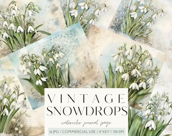 Vintage Watercolor Snowdrops Junk Journal Kit Beautiful Digital Paper & Ephemera for Scrapbooking |Instant Download