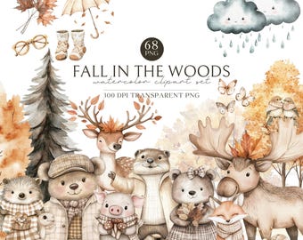 Watercolor Autumn Woodland Animals, Cute Fall Forest Baby Animals, Nursery Clipart, Cute Woodland PNG, Digital Download, Commercial Use