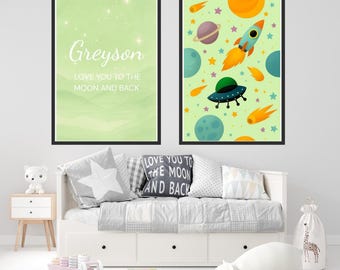 Custom Name Space Nursery Wall Art Set – Blue Starry Sky & Planet ...
