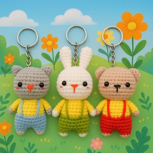 May include: Three handmade crochet animal keychains: a gray cat, a white bunny, and a tan bear. Each keychain has a silver ring and chain. The cat wears blue overalls, the bunny wears green overalls, and the bear wears red overalls. All have yellow shirts.