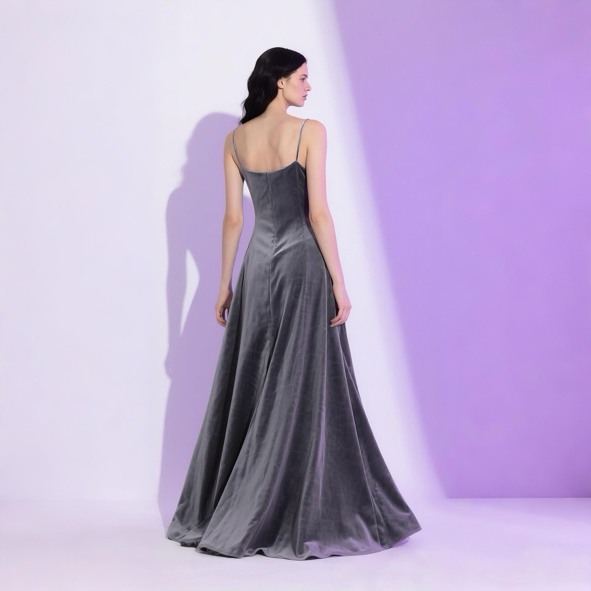 Silver Grey Velvet Slip Dress: Sleek Formal Gown