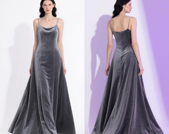 Silver Grey Velvet Slip Dress: Sleek Formal Gown