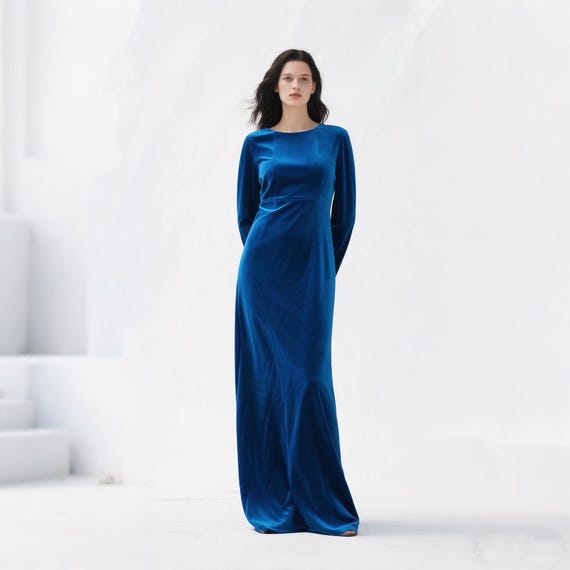 Royal Blue Velvet Maxi Dress: Elegant Long Sleeve Evening Gown Royal Blue Velvet Maxi Dress: Elegant Long Sleeve Evening Gown