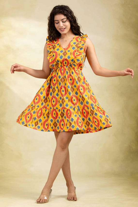 white christmas dresses Orange Pochampally Ikat Designer Office Wear Dress main image 0
